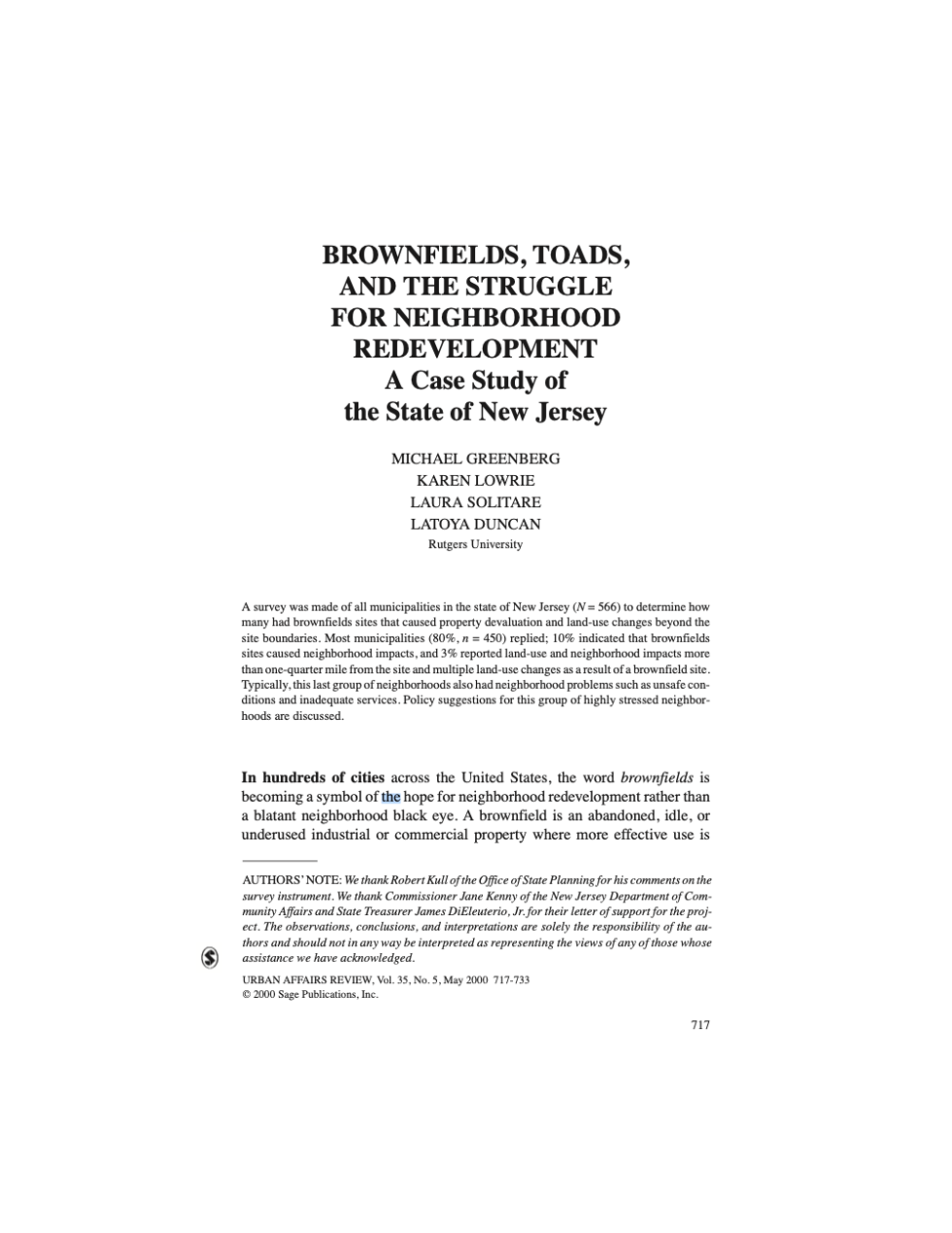 Brownfields, TOADS, and the struggle for neighborhood redevelopment a