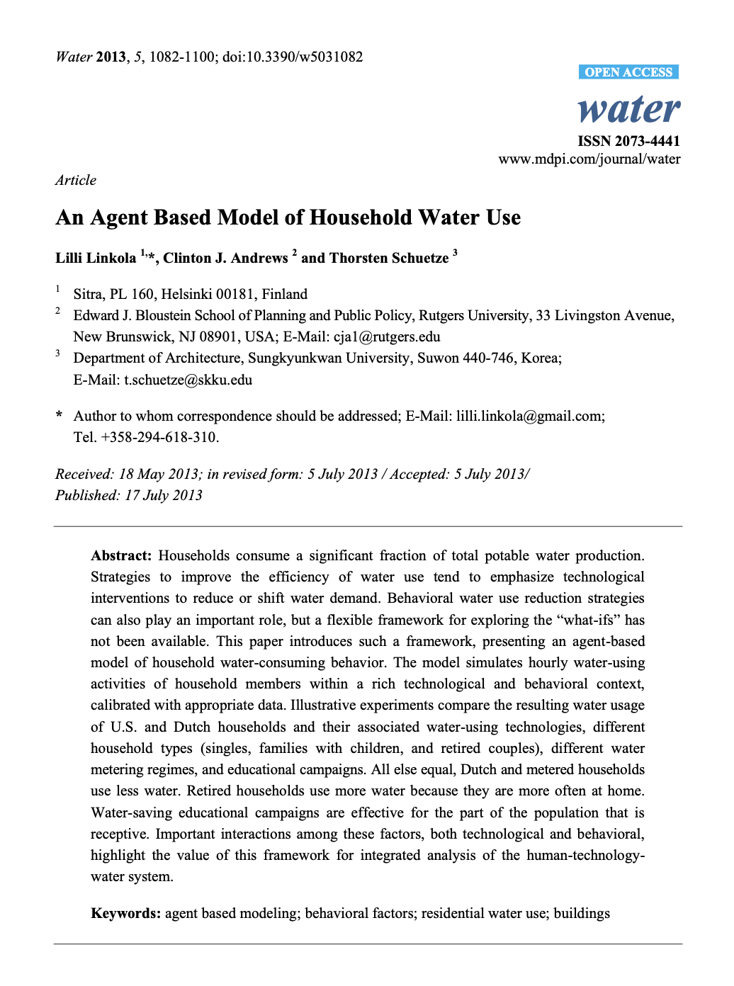 An Agent Based Model of Household Water Use