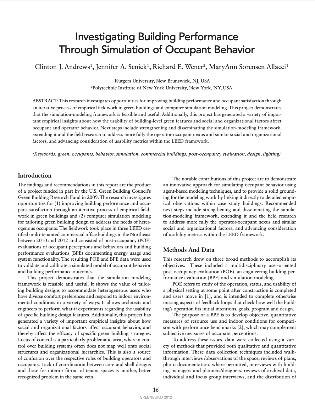 Investigating Building Performance Through Simulation of Occupant Behavior