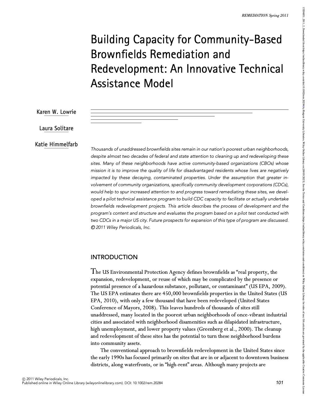Building Capacity for Community-Based Brownfields Remediation and Redevelopment