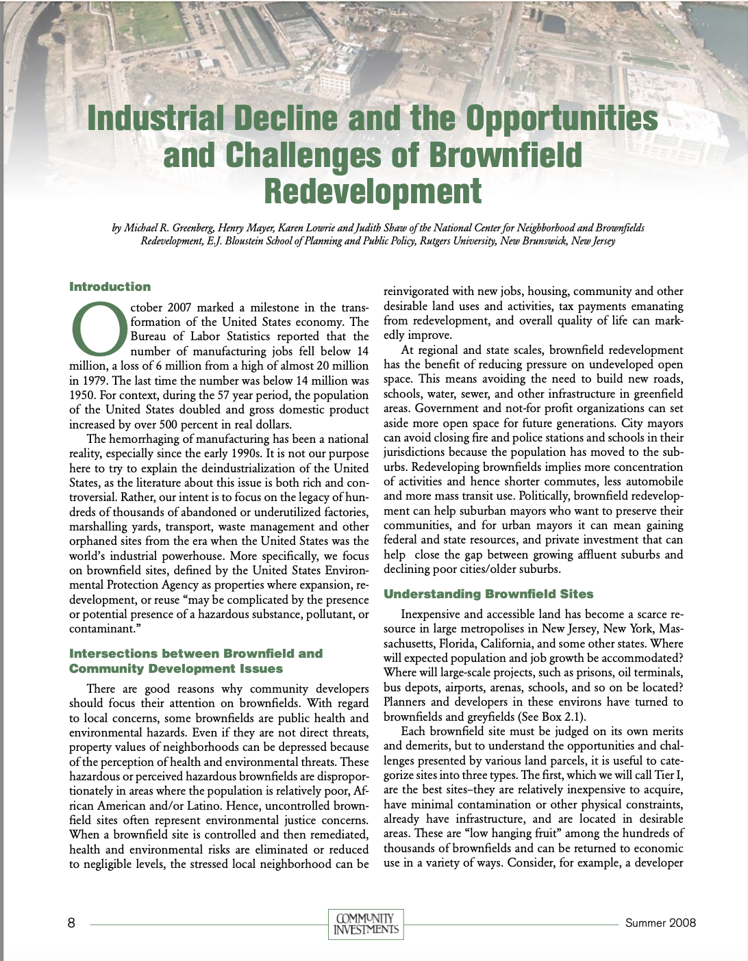 Industrial Decline and the Opportunities and Challenges of Brownfield Redevelopment