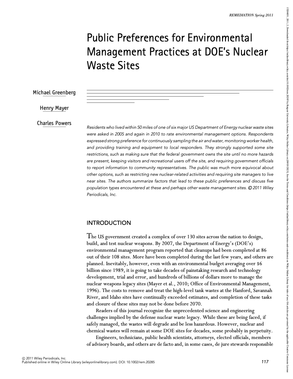 Public preferences for environmental management practices at DOE’s nuclear waste sites.