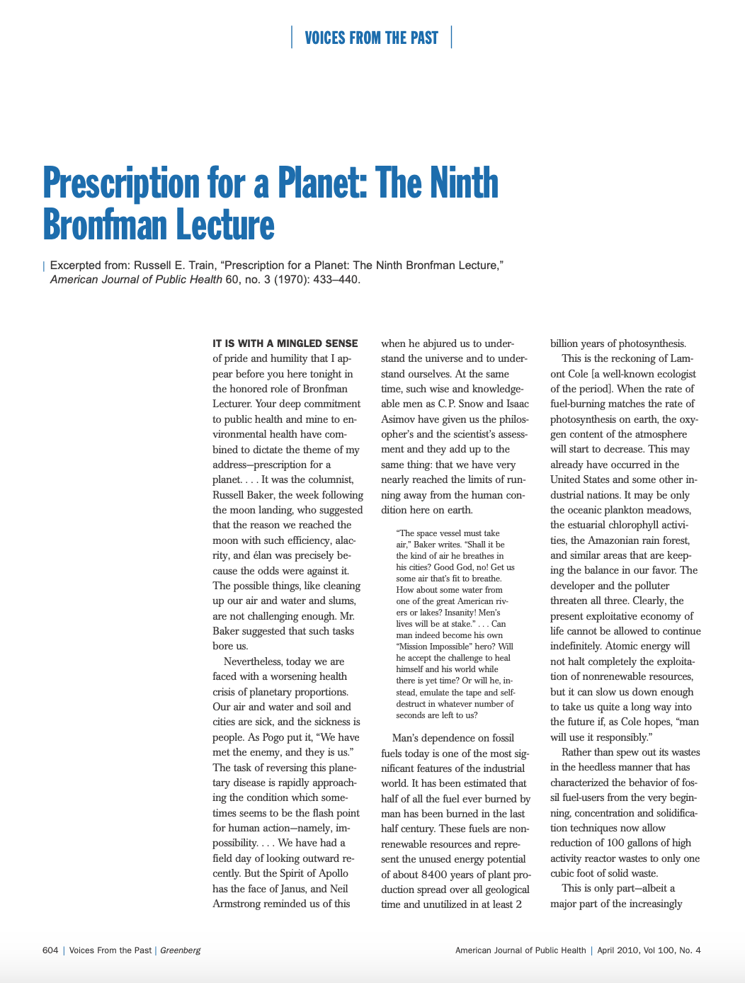 Voices from the Past Prescription for a Planet the Ninth Bronfman Lecture