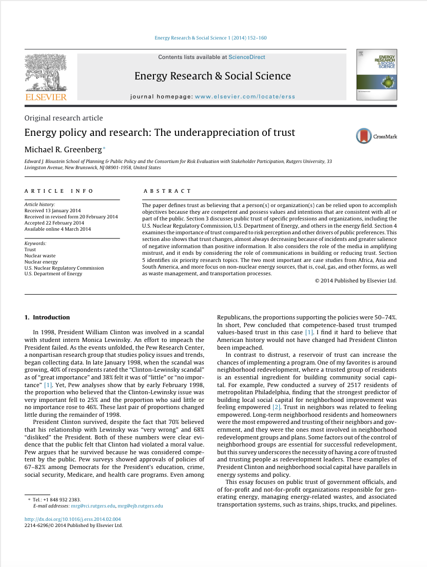 Energy Policy and Research: The Underappreciation of Trust