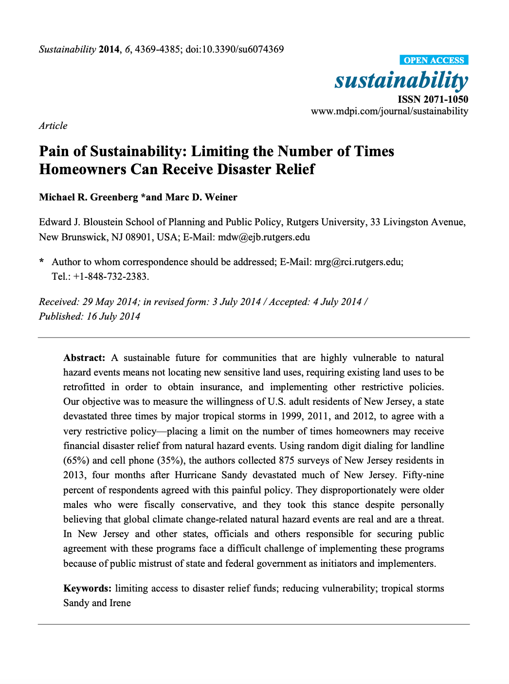 Pain of Sustainability Limiting the Number of Times Homeowners can Receive DisasterRelief
