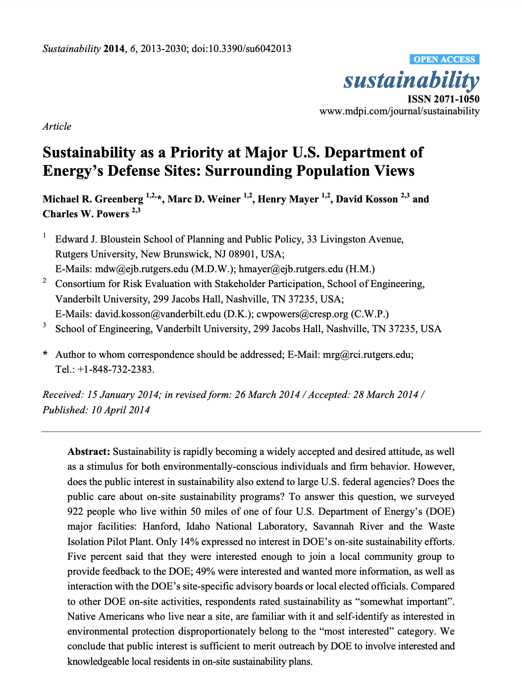 Sustainability as a Priority at Major U.S. Department of Energy’s Defense Sites: Surrounding Population Views