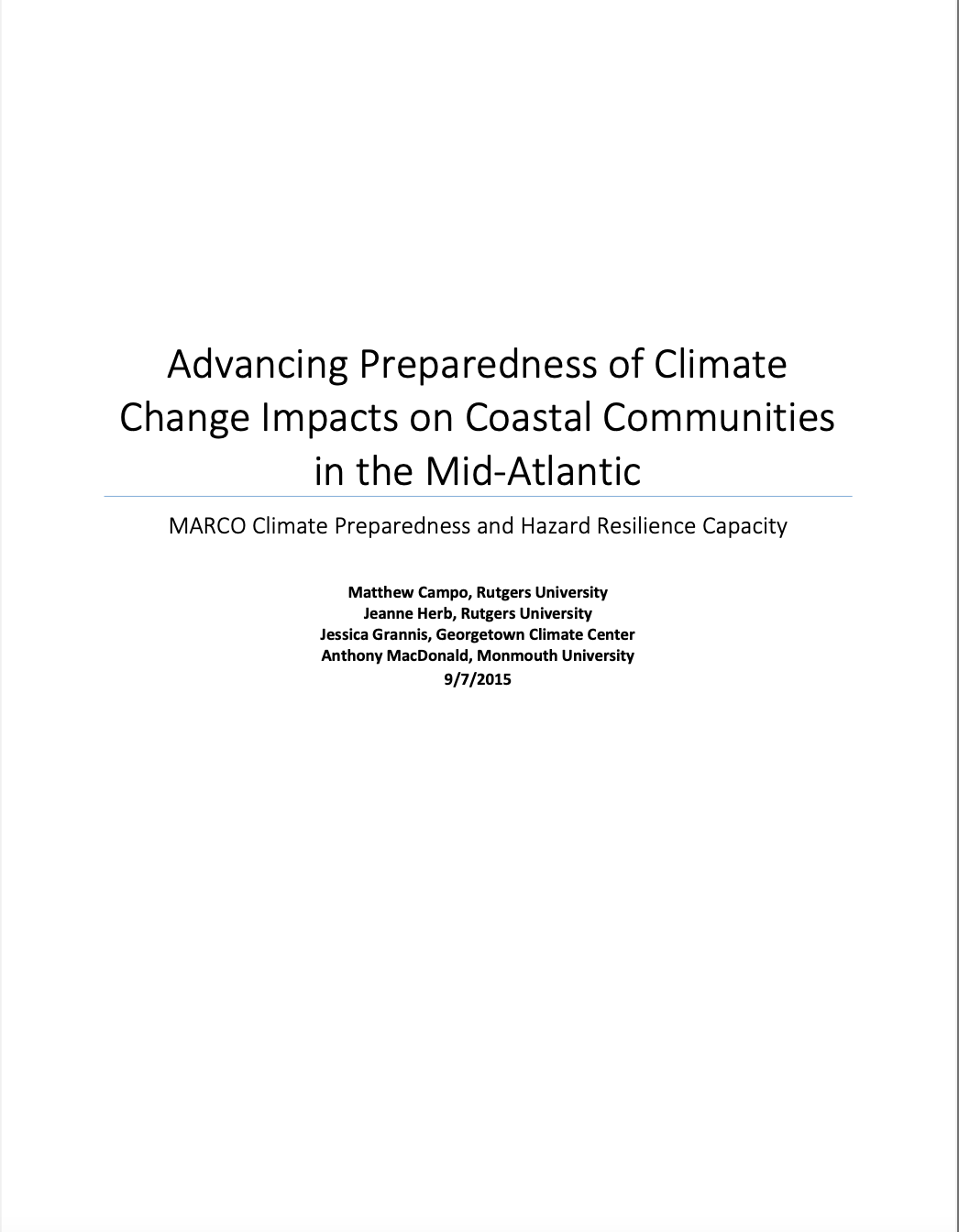 Advancing Preparedness of Climate Change Impacts on Coastal Communities in the Mid-Atlantic: MARCO Climate Preparedness and Hazard Resilience Capacity