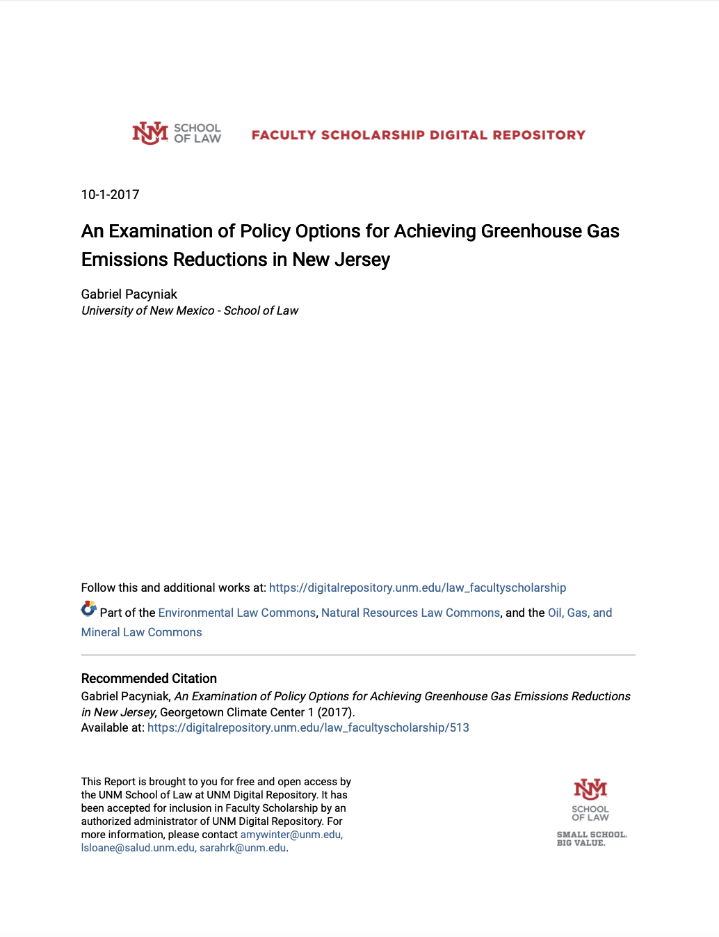 An Examination of Policy Options for Achieving Greenhouse Gas Emissions Reductions in New Jersey
