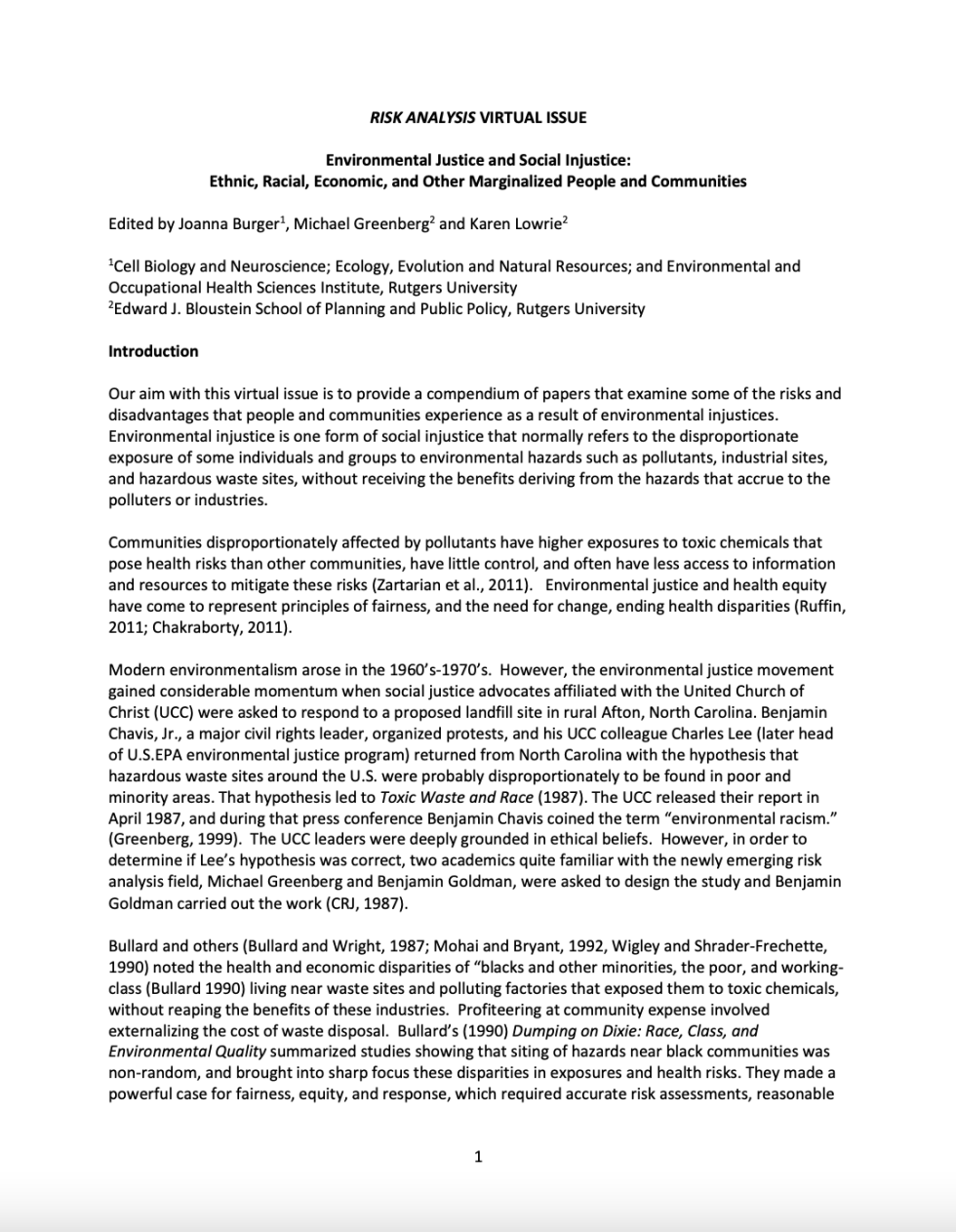 Environmental Justice and Social Injustice Ethnic, Racial, Economic