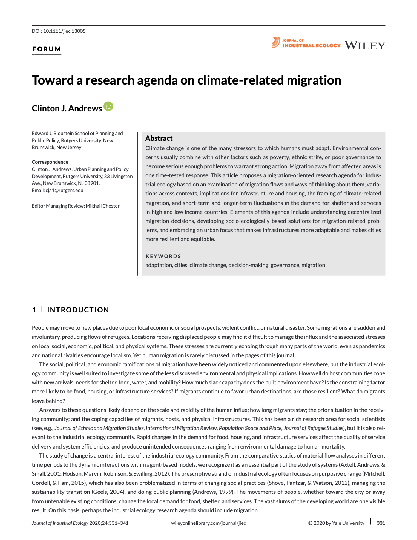 Toward a research agenda on climate‐related migration