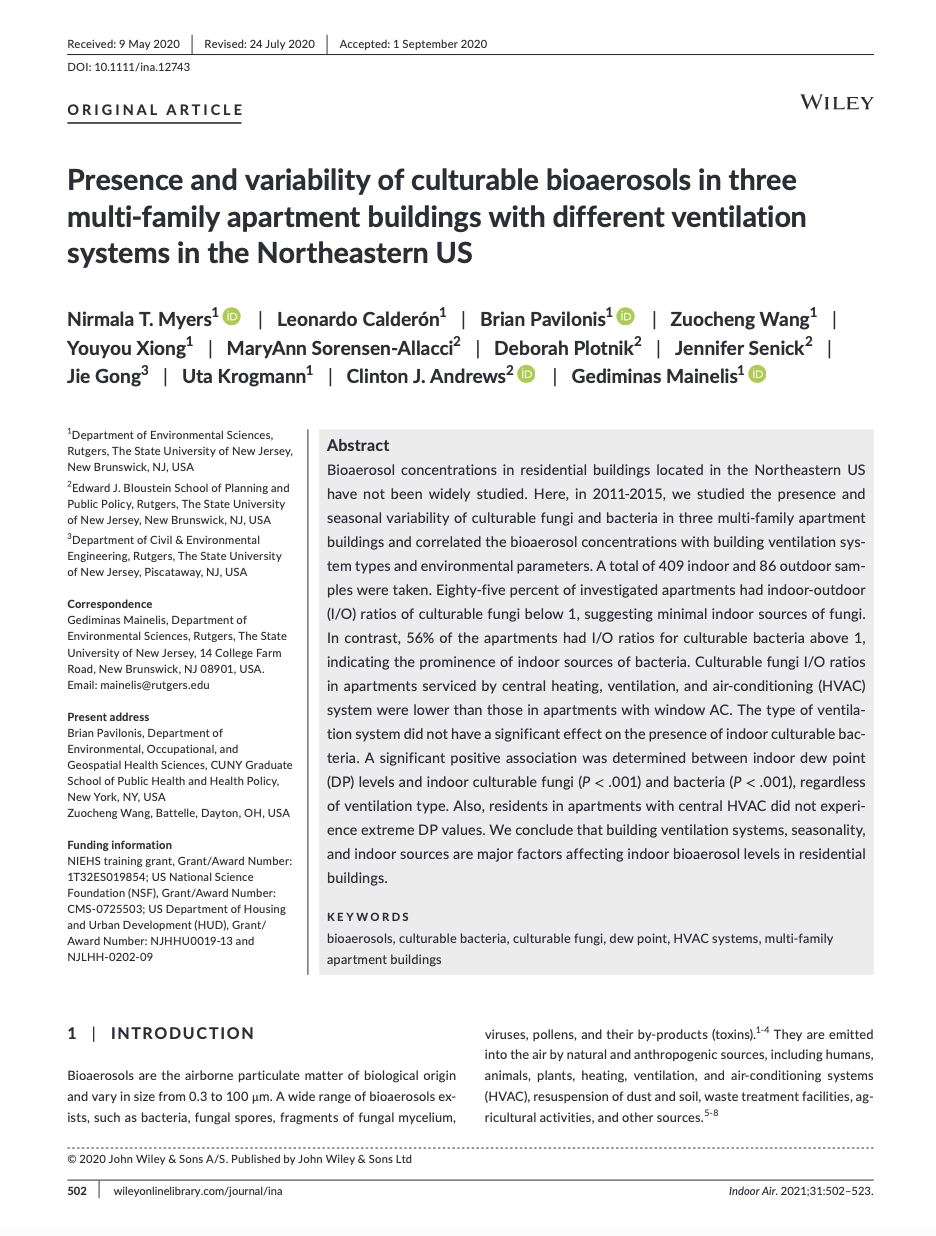 Presence and variability of culturable bioaerosols in three multi-family apartment buildings