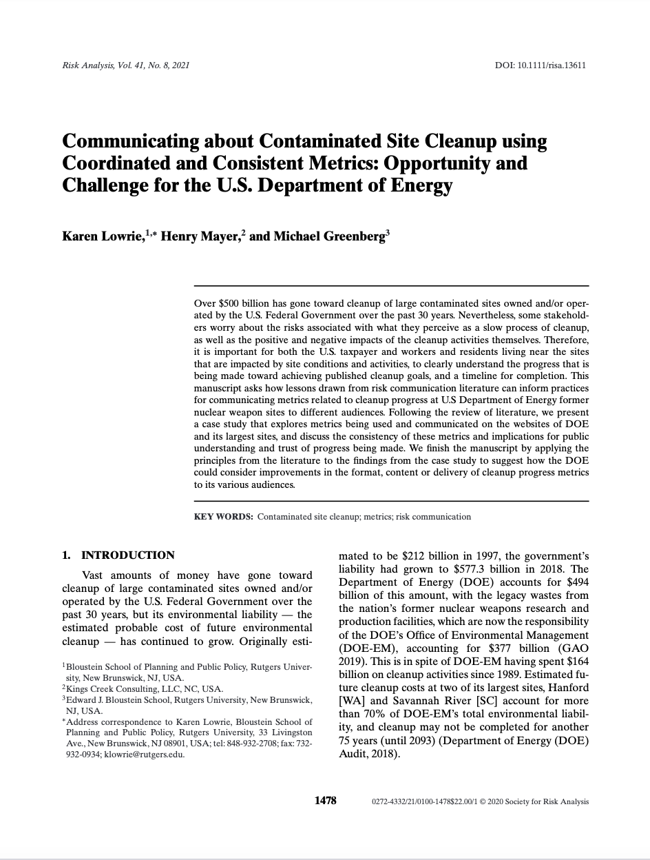 Communicating about Contaminated Site Cleanup using Coordinated and Consistent Metrics