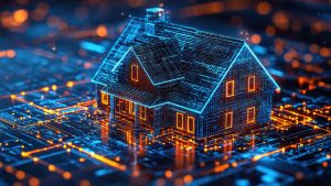 Futuristic 3D rendering of a smart house on an abstract glowing digital grid pattern Concept of future architecture energy efficiency and technological innovation in modern urban development