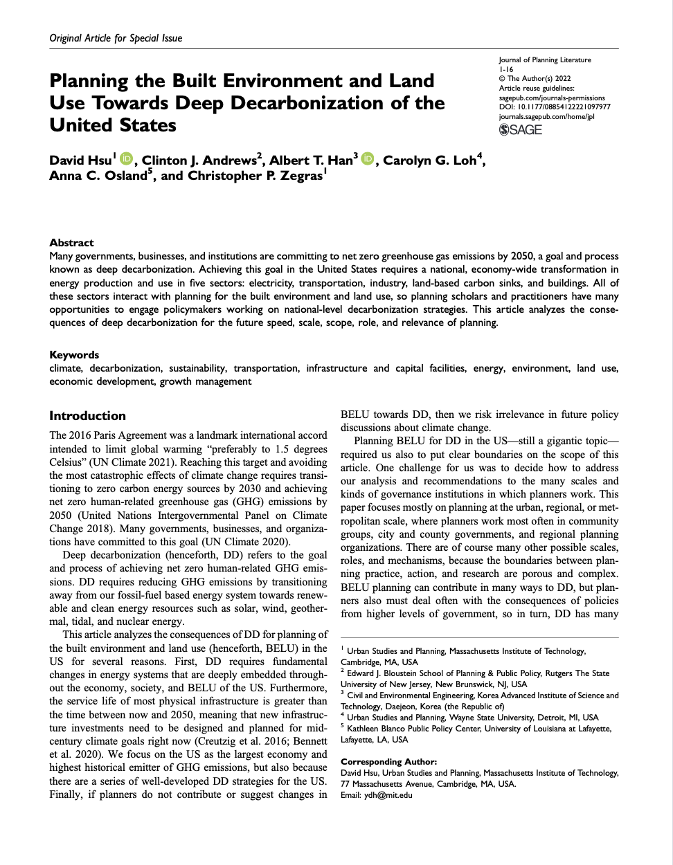 Planning the Built Environment and Land Use Towards Deep Decarbonization of the United States