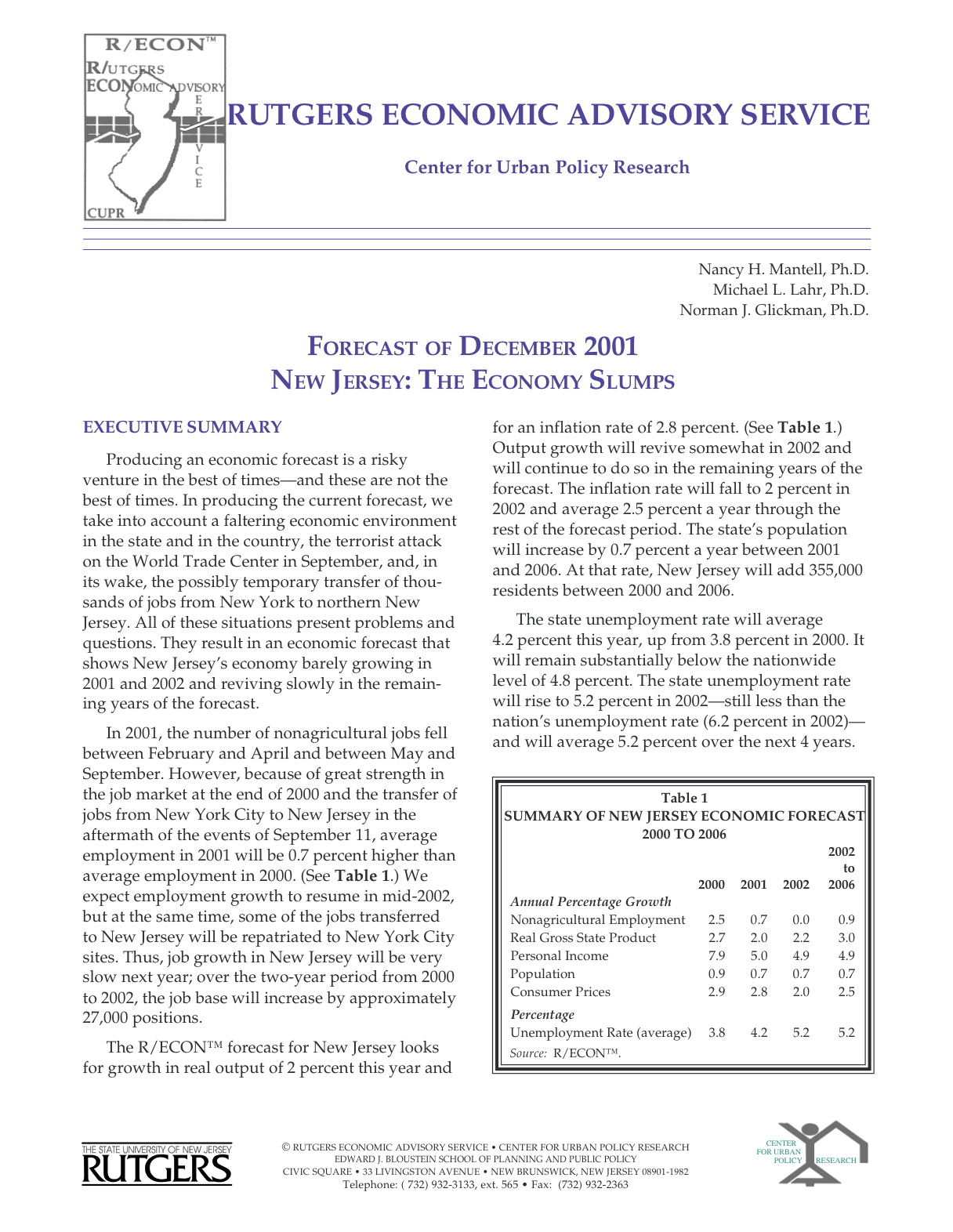 Forecast of December 2001 New Jersey
