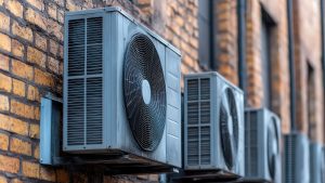 Multiple air conditioning units are installed on the exterior of a brick building, providing climate control