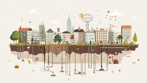 Cross section view of a modern city with an intricate network of geothermal heating pipes running underground providing sustainable warmth to the buildings and infrastructure above