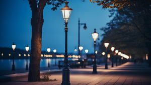 a row of brightly lit street lamps beside bay during night time.