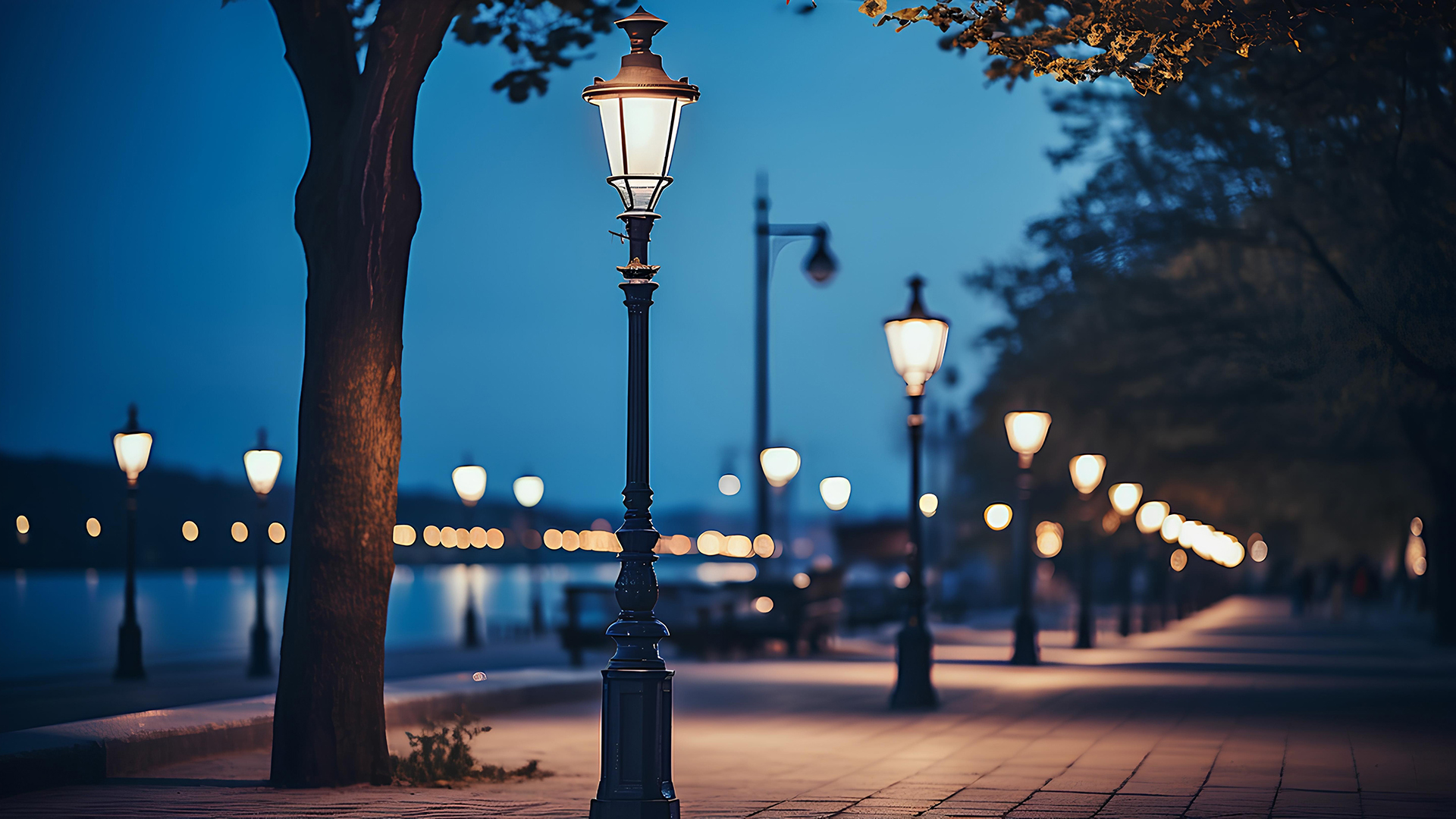 a row of brightly lit street lamps beside bay during night time. a row of brightly lit street lamps beside bay during night time.