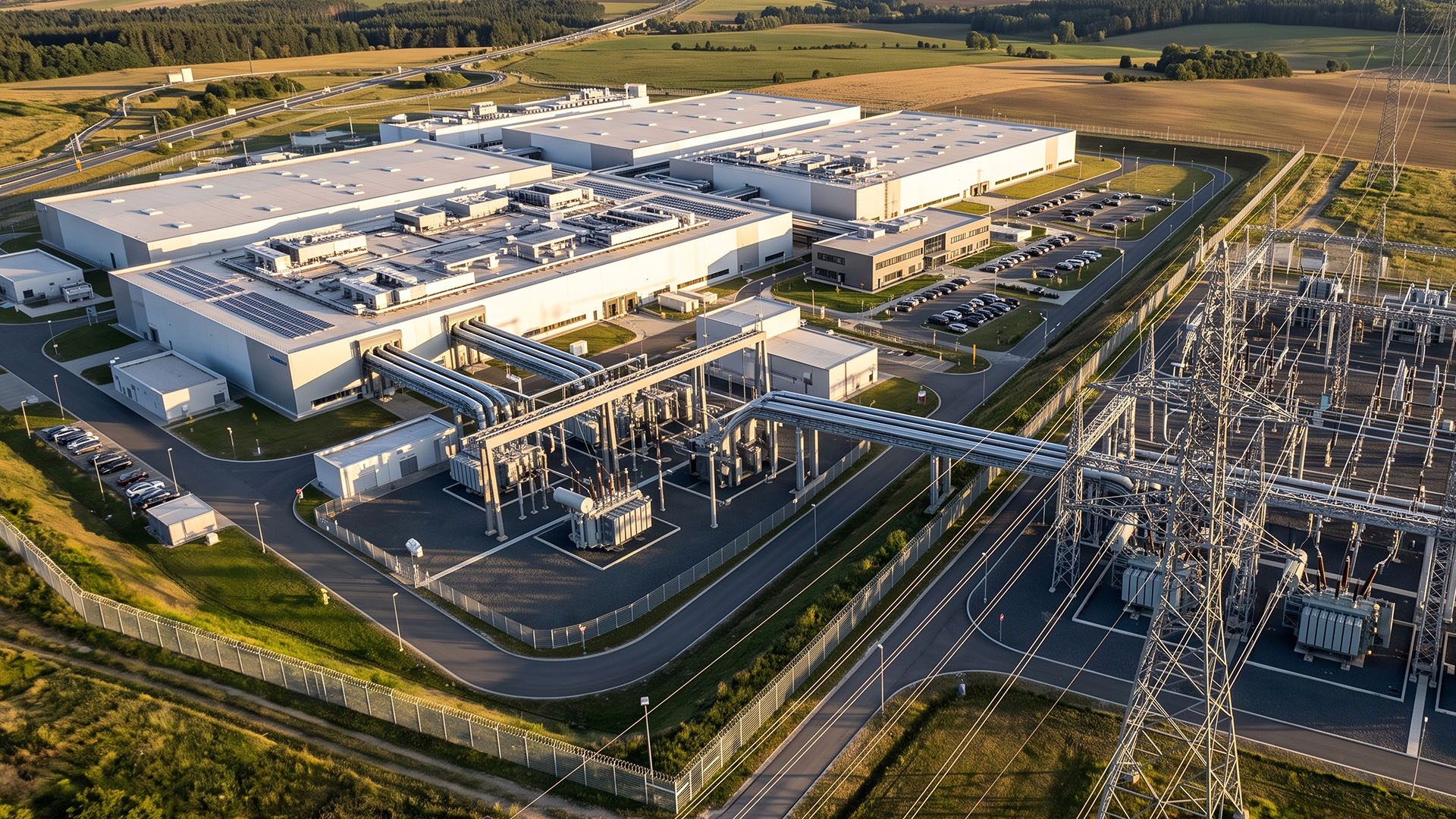 Large White Data Center Campus Facing a Big High Voltage Switchyard With Lattice Transmission Towers and Converging Power Lines